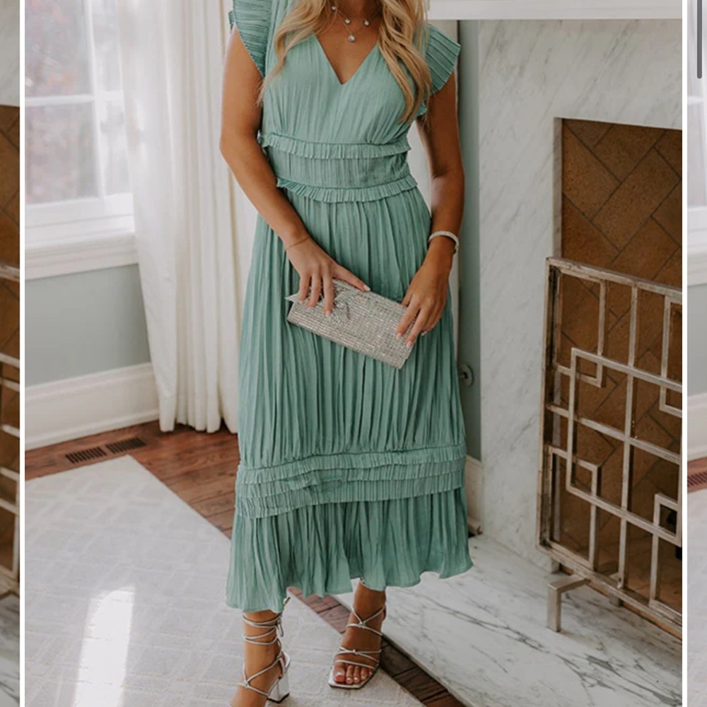 Impressions Green Wrap Midi Dress with Flutter Sleeves